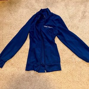 Women XS navy blue Cherokee infinity scrub jacket. Embroidered UPMC Altoona.